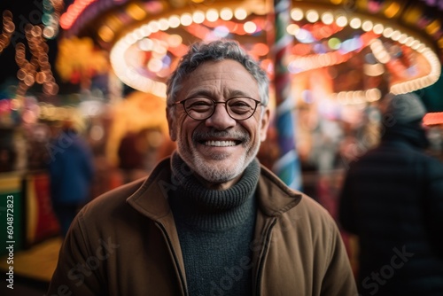 Photography in the style of pensive portraiture of a grinning mature man wearing a cozy sweater against a crowded amusement park background. With generative AI technology