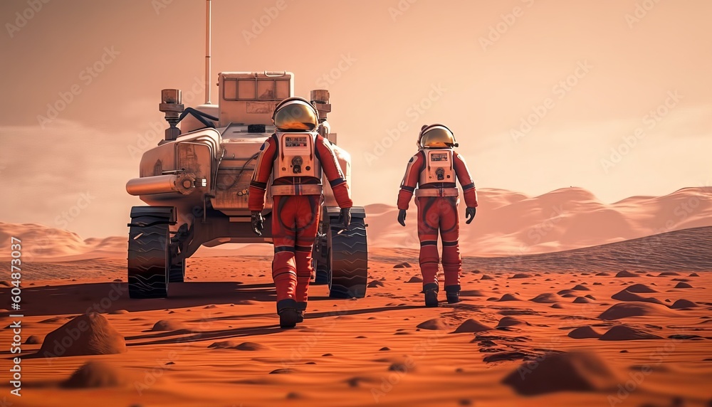 Hi Tech Rover Mars Astronaut walking in space suit on Mars surface during exploration ...