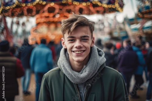 Medium shot portrait photography of a happy mature boy wearing a cozy sweater against a crowded amusement park background. With generative AI technology