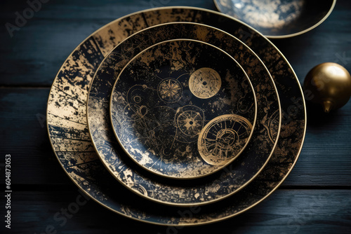 Gold Steampunk Plates On Black Smoky Background. Generative AI