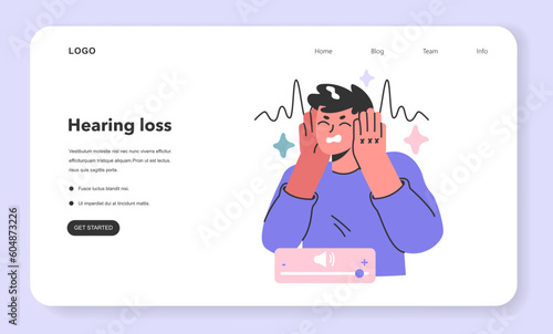 Hearing loss concept. Young male character with hearing system