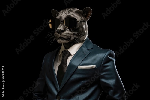 Panther In Suit And Sunglasses On Black Background. Generative AI