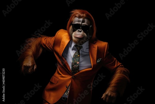 Happy Orangutan In Suit And Sunglasses On Black Background. Generative AI