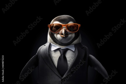 Happy Penguin In Suit And Sunglasses On Black Background. Generative AI