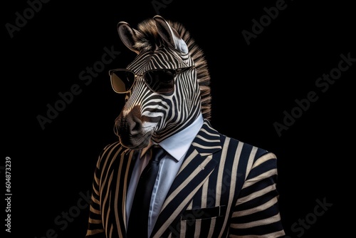 Happy Zebra In Suit And Sunglasses On Black Background. Generative AI