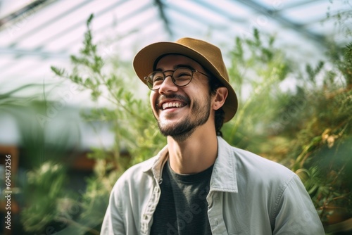 Lifestyle portrait photography of a joyful boy in his 30s wearing a cool cap or hat against a serene zen garden background. With generative AI technology © Markus Schröder