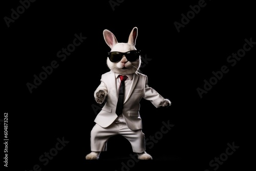 Happy Rabbit In Suit And Sunglasses On Black Background. Generative AI