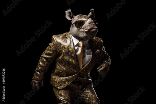 Happy Rhinoceros In Suit And Sunglasses On Black Background. Generative AI