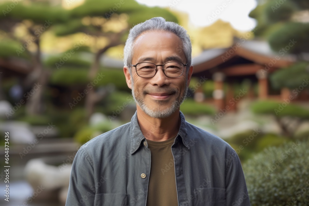 Close-up portrait photography of a satisfied mature man wearing comfortable jeans against a serene zen garden background. With generative AI technology Close-up portrait photography of a satisfied mature man wearing comfortable jeans against a serene zen garden background. With generative AI technology