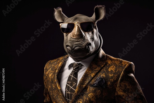 Poker Face Rhinoceros In Suit And Sunglasses On Black Background. Generative AI