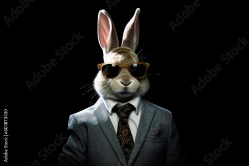Poker Face Rabbit In Suit And Sunglasses On Black Background. Generative AI