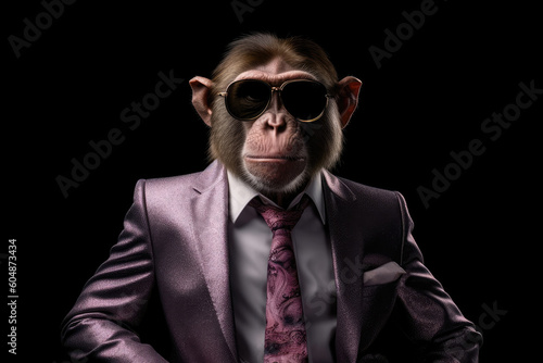 Poker Face Macaque In Suit And Sunglasses On Black Background. Generative AI © Ян Заболотний