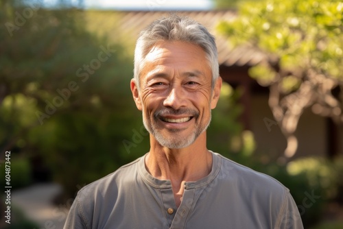Close-up portrait photography of a satisfied mature man wearing comfortable jeans against a serene zen garden background. With generative AI technology