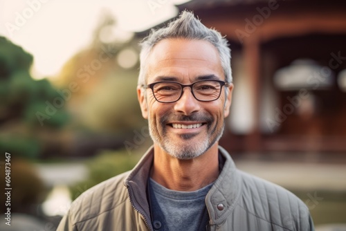Close-up portrait photography of a satisfied mature man wearing comfortable jeans against a serene zen garden background. With generative AI technology © Markus Schröder