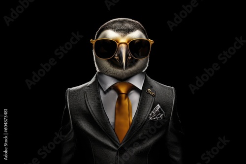 Poker Face Penguin In Suit And Sunglasses On Black Background. Generative AI © Ян Заболотний