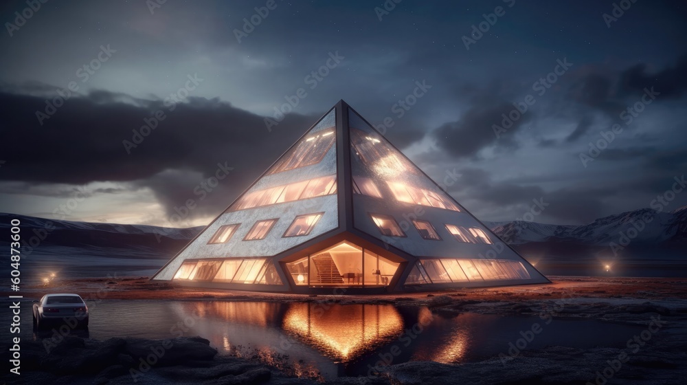 3D Render Futuristic Pyramid House With Geothermal Heating. Generative AI