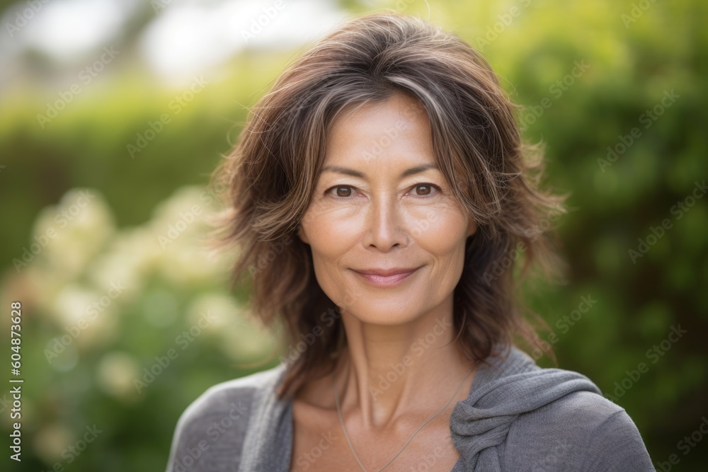 Close-up portrait photography of a satisfied mature girl wearing comfortable jeans against a serene zen garden background. With generative AI technology Close-up portrait photography of a satisfied mature girl wearing comfortable jeans against a serene zen garden background. With generative AI technology