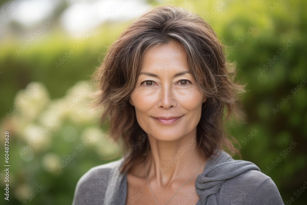 Close-up portrait photography of a satisfied mature girl wearing comfortable jeans against a serene zen garden background. With generative AI technology