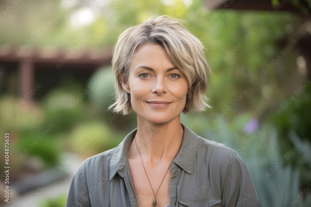 Close-up portrait photography of a satisfied mature girl wearing comfortable jeans against a serene zen garden background. With generative AI technology Close-up portrait photography of a satisfied mature girl wearing comfortable jeans against a serene zen garden background. With generative AI technology