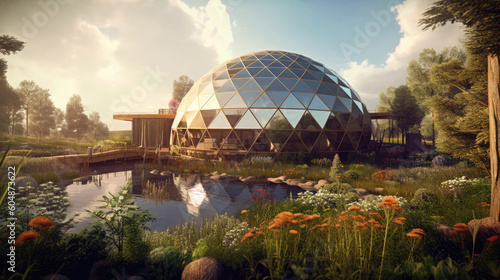 3D Render Solarpowered Geodesic Dome With Rainwater Harvesting. Generative AI