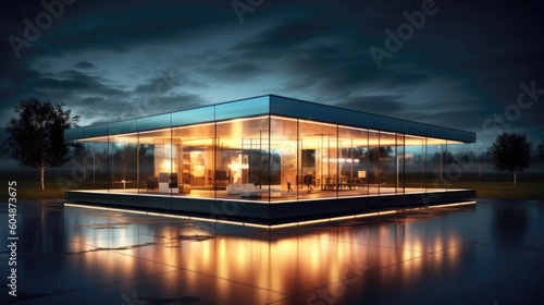 3D Render Interactive Smart Glass House With Mood Lighting. Generative AI