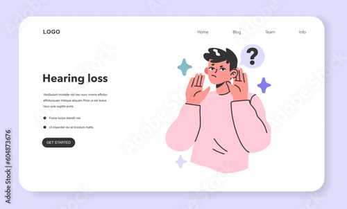 Hearing loss concept. Young male character with hearing system