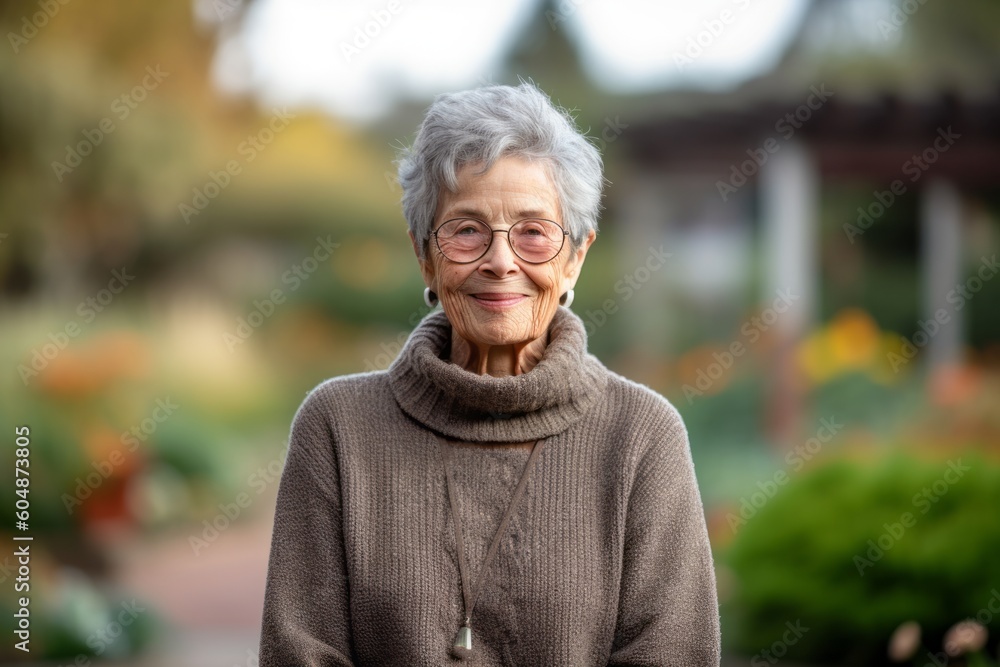 Environmental portrait photography of a grinning old woman wearing a cozy sweater against a serene zen garden background. With generative AI technology Environmental portrait photography of a grinning old woman wearing a cozy sweater against a serene zen garden background. With generative AI technology