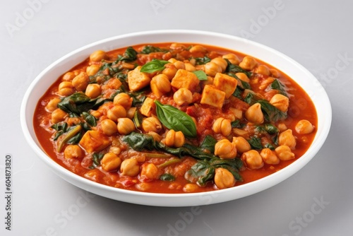 Vegan Chickpea Spinach Stew On White Round Plate On White Background. Generative AI