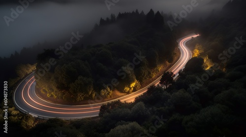 A bird's eye view of a winding tarmac road through the pine trees at night, Generative AI