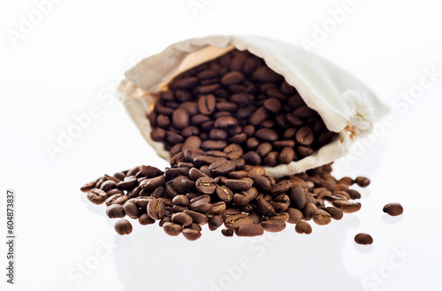 Coffee beans in bag isolated on white background