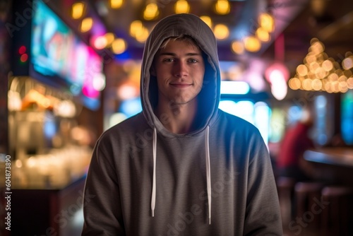 Environmental portrait photography of a glad kid male wearing a cozy zip-up hoodie against a lively night club background. With generative AI technology © Markus Schröder