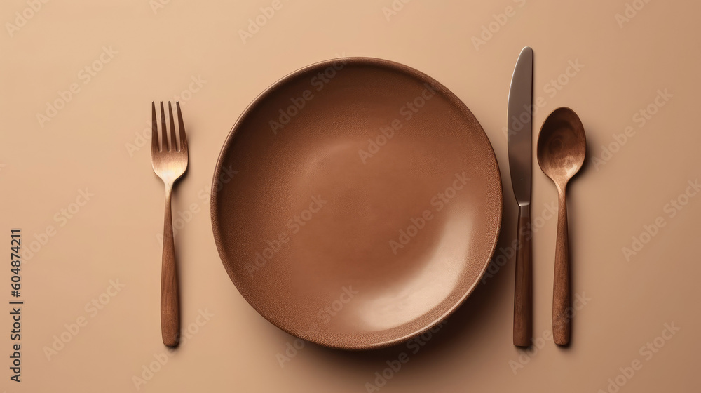 A brown plate with a spoon and a fork on beige background Flat lay Top view A brown plate with a spoon and a fork on beige background Flat lay Top view