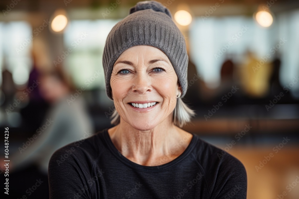 Environmental portrait photography of a satisfied mature woman wearing a warm beanie or knit hat against a peaceful yoga studio background. With generative AI technology Environmental portrait photography of a satisfied mature woman wearing a warm beanie or knit hat against a peaceful yoga studio background. With generative AI technology