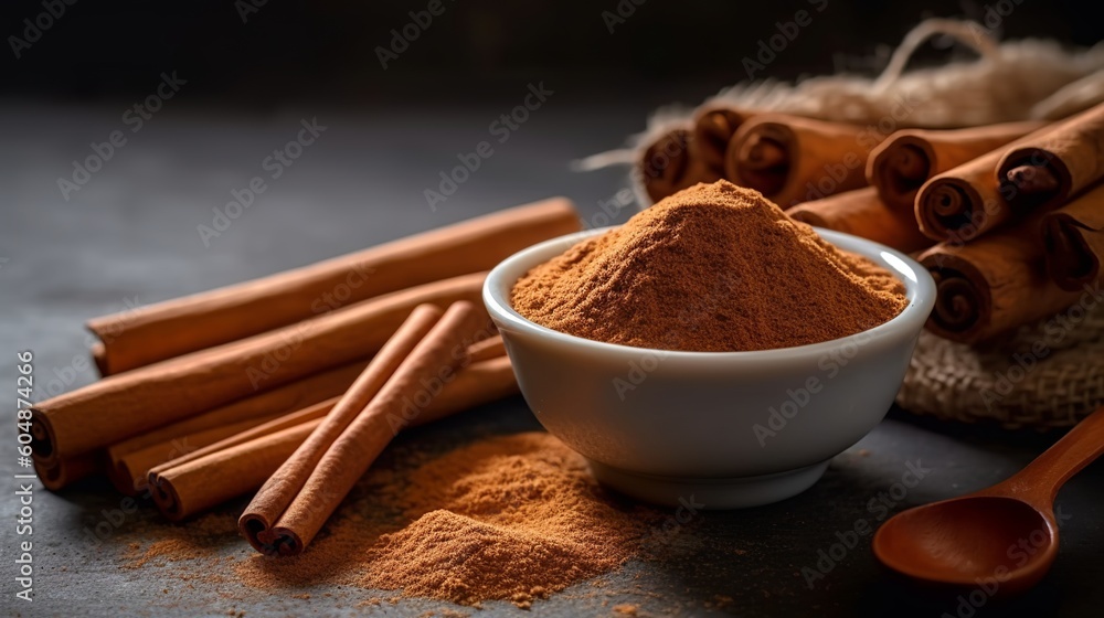 Cinnamon powder and cinnamon sticks close-up, Generative AI Cinnamon powder and cinnamon sticks close-up, Generative AI