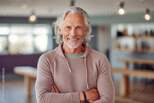 Lifestyle portrait photography of a glad mature boy wearing a cozy sweater against a peaceful yoga studio background. With generative AI technology