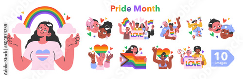 Cheerful characters with rainbow flags celebrate pride month set.