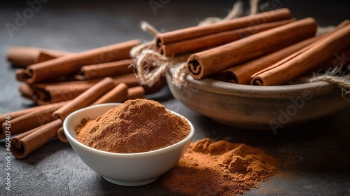 Cinnamon powder and cinnamon sticks close-up, Generative AI