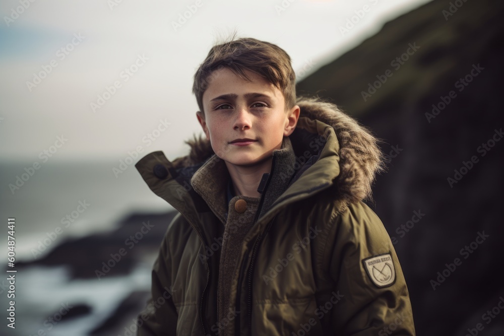 Environmental portrait photography of a joyful boy in his 30s wearing a cozy winter coat against a dramatic coastal cliff background. With generative AI technology Environmental portrait photography of a joyful boy in his 30s wearing a cozy winter coat against a dramatic coastal cliff background. With generative AI technology