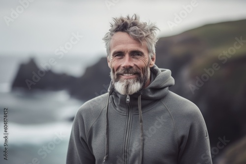 Medium shot portrait photography of a grinning mature man wearing a stylish hoodie against a dramatic coastal cliff background. With generative AI technology