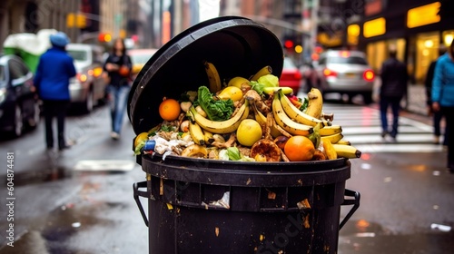 A trash can from a city street full of food waste, Generative AI