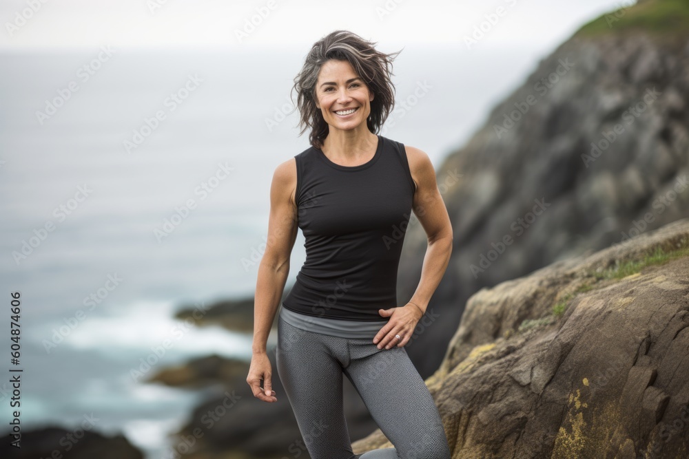 Environmental portrait photography of a grinning mature woman wearing a versatile pair of leggings against a dramatic coastal cliff background. With generative AI technology