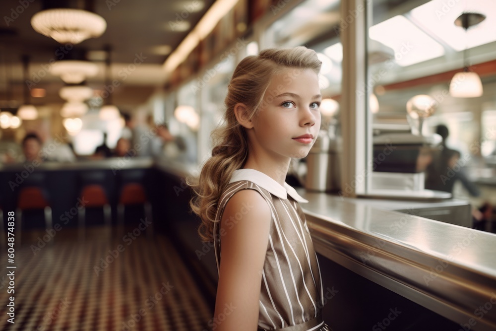 Medium shot portrait photography of a satisfied kid female wearing an elegant long skirt against a classic diner background. With generative AI technology