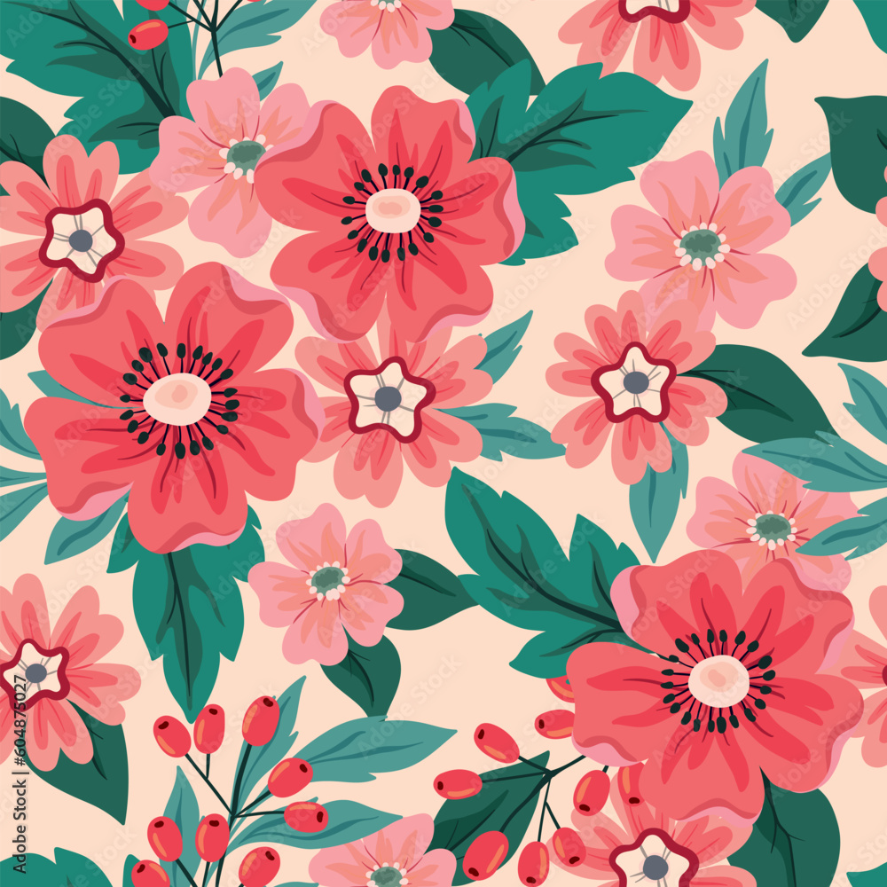 Seamless floral pattern, cute ditsy print with large decorative flowers in pink. Pretty drawn botanical surface design with hand drawn flowers, leaves on light background. Vector illustration.