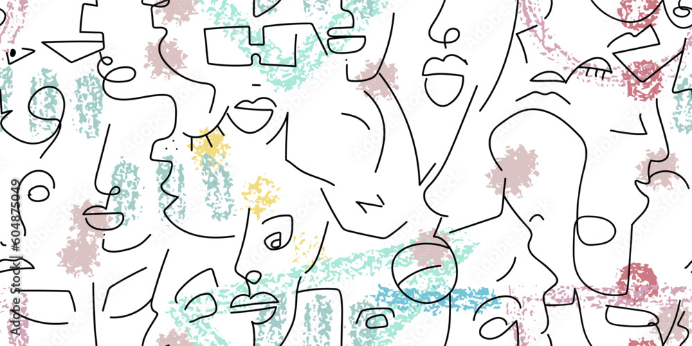 One line drawing. Abstract face seamless pattern. One line drawing. Abstract face seamless pattern.