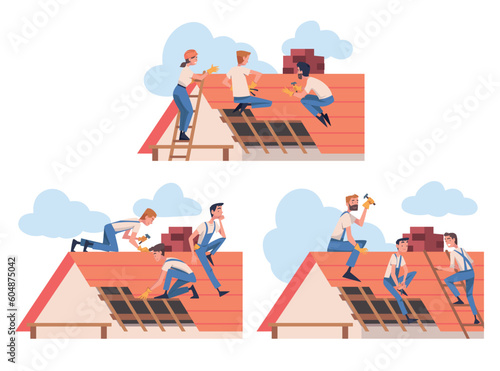 Roof Repair with People Construction Workers Characters Working Vector Set