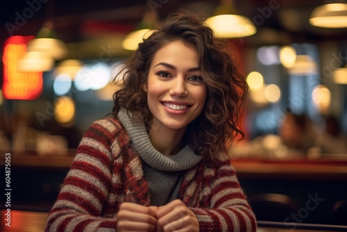 Lifestyle portrait photography of a satisfied girl in her 30s wearing a cozy sweater against a classic diner background. With generative AI technology