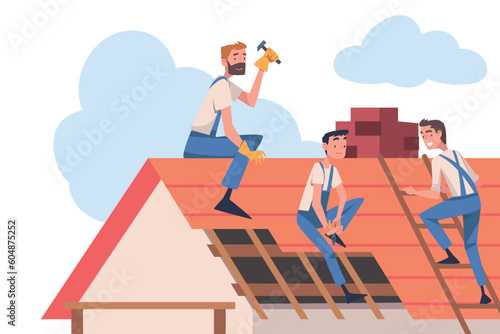 Roof Repair with People Construction Workers Characters Working Vector Illustration