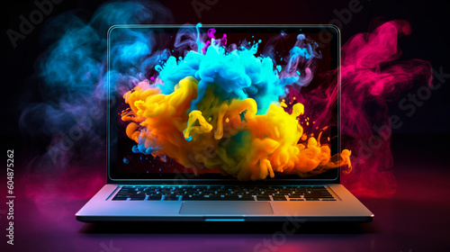 A laptop with colorful liquid smoke coming out of the screen, generative AI