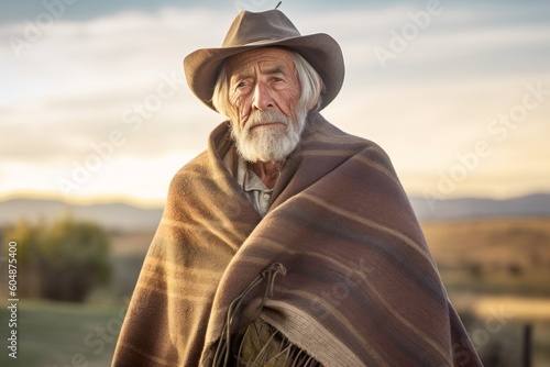 Environmental portrait photography of a tender old man wearing a unique poncho against a sprawling ranch background. With generative AI technology