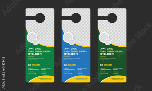 

modern landscaping lawn care service door hanger template design, business door hanger vector illustrator. 